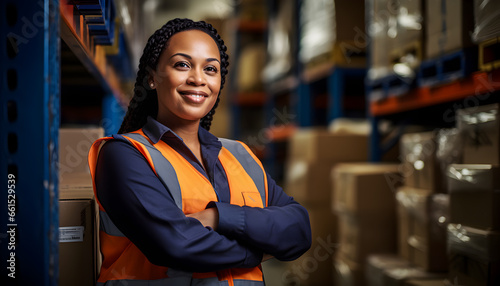 Adult attractive black female industrial warehouses worker. Labor Day. Postal distribution center. Woman Manager. Happy Labour Day Canada.