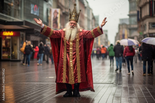 Celebrating St. Nicholas Day in the Netherlands. Saint Nicholas on a city street photo
