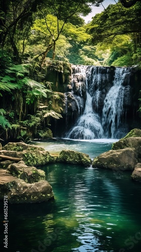 The beautiful waterfall  surrounded by lush green trees  creates a picturesque and serene natural landscape