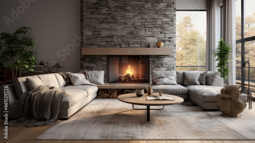 Living room with a grey sectional sofa and a contrasting patterned rug and a stone fireplace