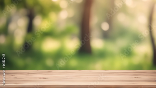 Empty wooden table over blurred bokeh nature background, can be used for product display. 