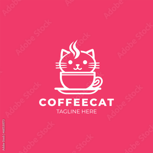An adorable cat vector icon of a kitten with a coffee cup  a versatile logo symbol with a charming cartoon character illustration design.