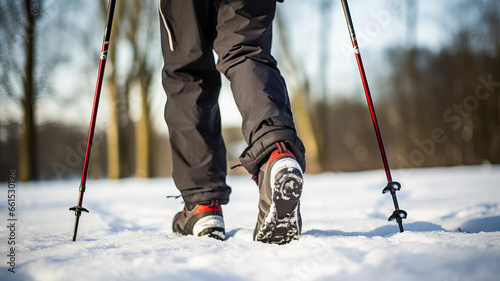An active senior practicing Nordic walking in winter. Generative AI