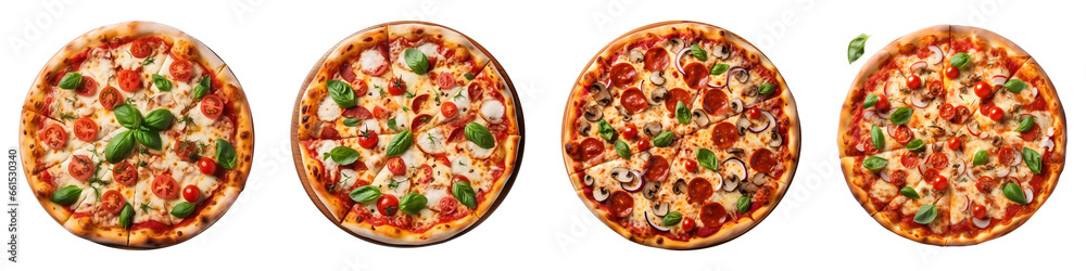 set of italian pizza with mozzarella cheese and basil leaves set of italian pizza with mozzarella cheese and basil leaves