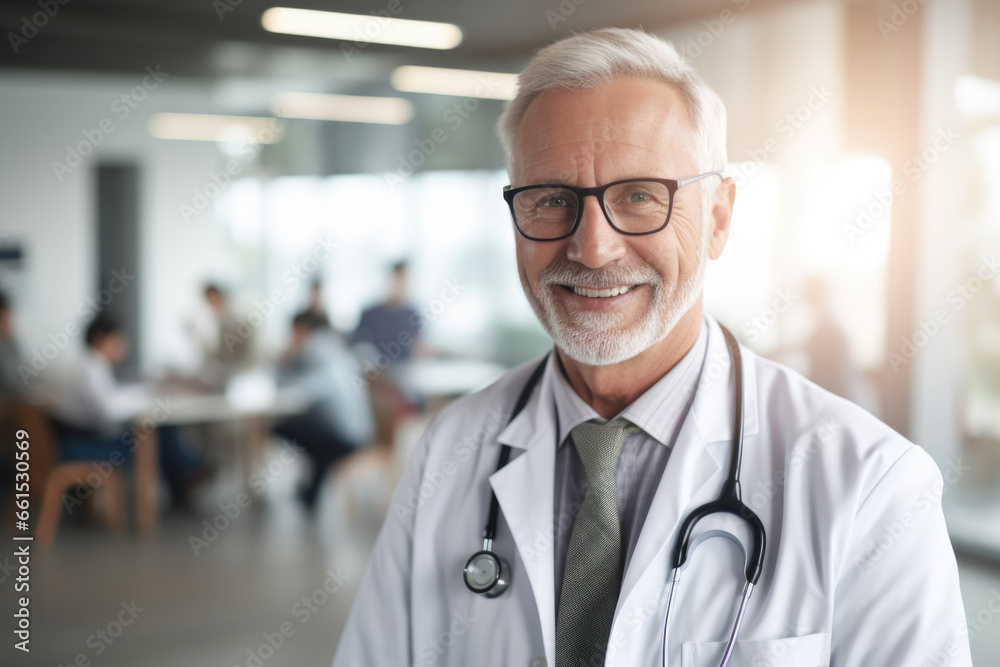 Male doctor in white coat with a stethoscope standing with crossed hands in the clinic Male doctor in white coat with a stethoscope standing with crossed hands in the clinic