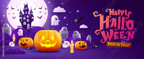 Halloween Promotion Poster or banner template.Halloween night seen with big Moon, Pumpkin ghost,cute ghost,cartoon skull and halloween elements. Website spooky or banner template.Vector illustration
