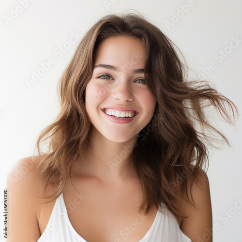photography of a dark haired model beautiful woman with white background, lifestyle, smiling