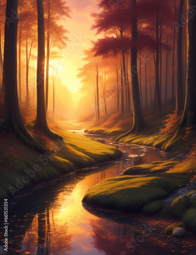 sunset over the river in the forest