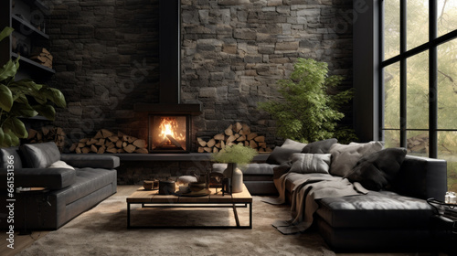 Living room with a stone fireplace and a black leather sofa and a glass coffee table © Textures & Patterns