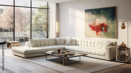 Living Room with a tufted sectional and a glass coffee table and a gallery wall of art