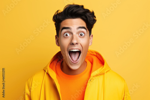 Close-up portrait of young man in colorful clothes with big eyes and open mouth expressing the emotion of shock or surprise © Lana_M
