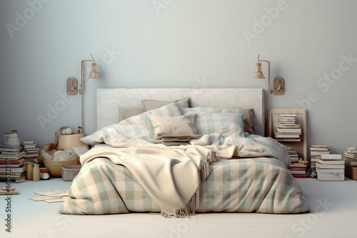 Mock-up of a cluttered white bedroom with unmade bed, plaid, cushions, and lamp. Empty space on the right. Generative AI