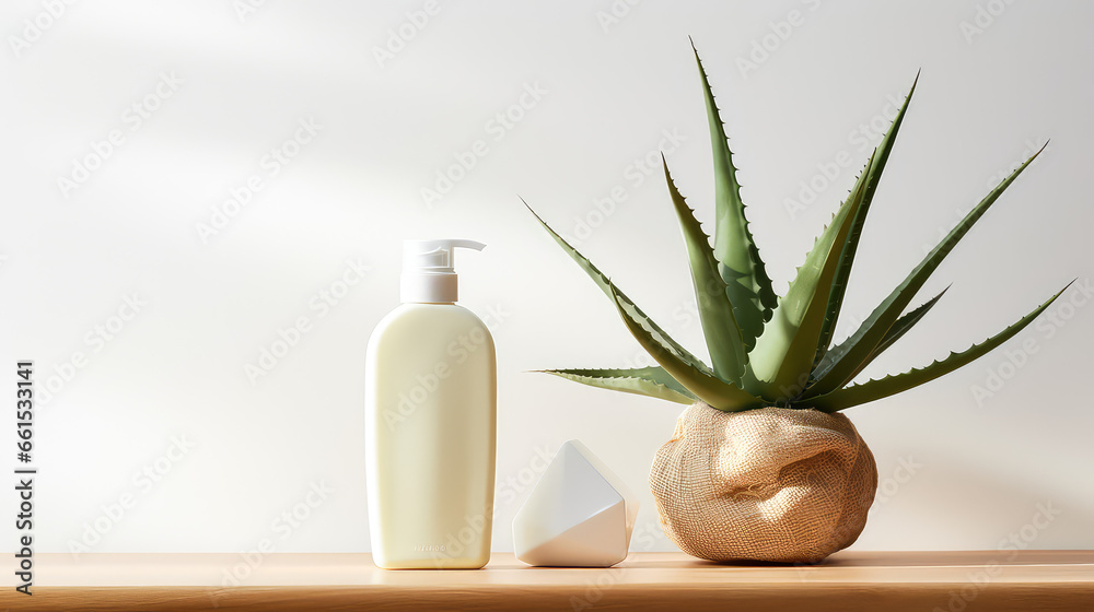 Mockup of cosmetic plastic gel bottle with aloe vera leaves. Natural moisturizing cosmetics packaging template design. 