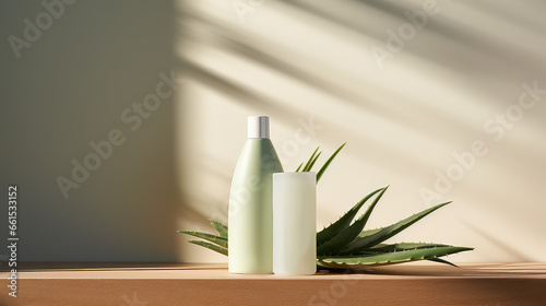 Mockup of cosmetic plastic gel bottle with aloe vera leaves. Natural moisturizing cosmetics packaging template design.  photo