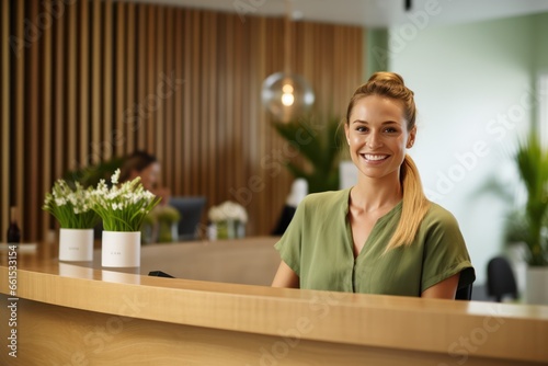 Contemporary spa ambiance: Receptionist with a friendly demeanor welcomes visitors