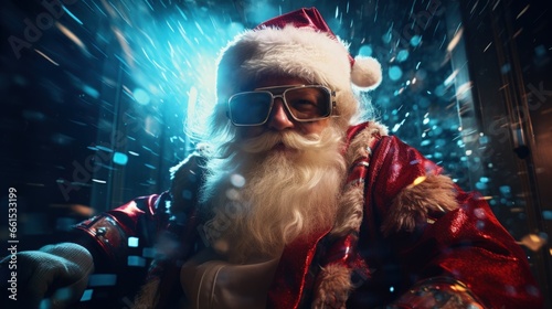 A happy disguised Santa Claus sits and behind him a blinding light emerges in the background. Technology style.