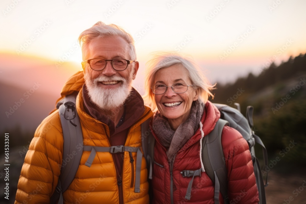 Senior couple hike at sunset