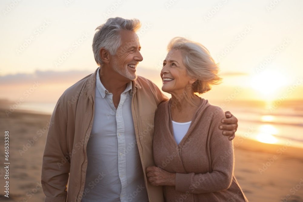 Senior couple walking on beach sunset Senior couple walking on beach sunset