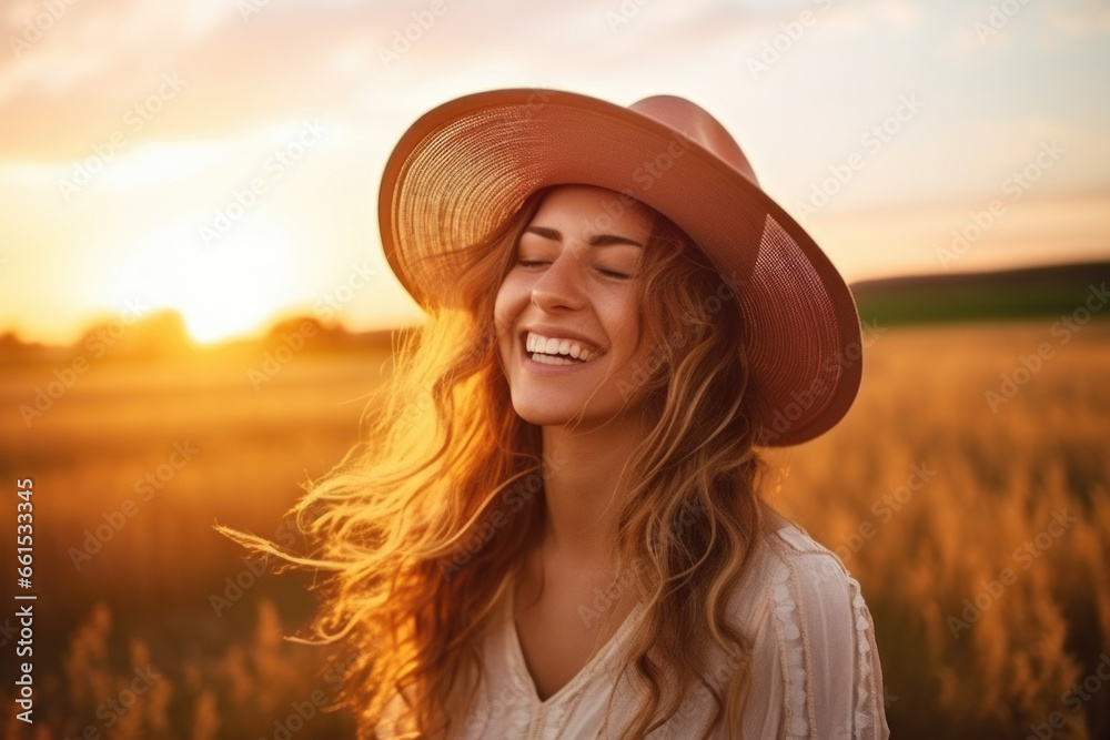 Happy young woman in a hat smiling on the field with sunset light