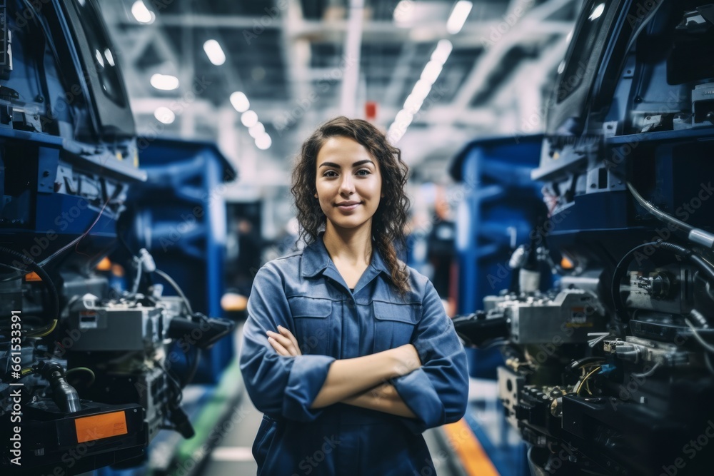 female worker in a modern automotive manufacturing setting - obrazy, fototapety, plakaty 