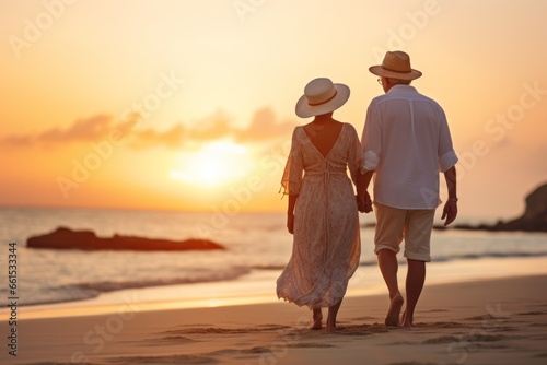 Senior couple walking on beach sunset