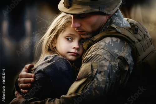 soldier hugs his daughter. Concept of returning home or leaving home to go to war