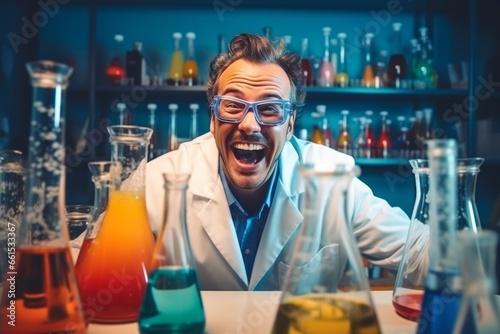 Crazy chemistry teacher in a classroom at a table with test tubes and flasks © ProstoSvet