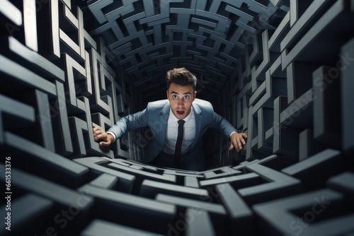 Businessman in a maze. Concept of finding a solution and strategy in business