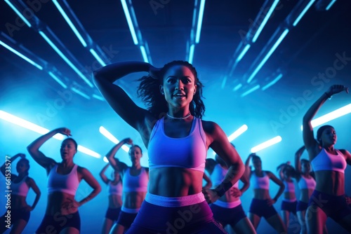 group workout: Fitness enthusiasts high-intensity interval training, dynamic lighting