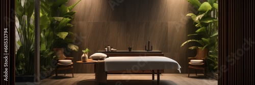 Inviting Balinese massage space: sleek design aesthetic, modern spa ambiance, illuminated