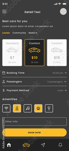 Taxi Booking, Driver Services, Ride Sharing and Ride Driver Black App Ui Kit Dark Template