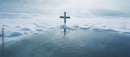 Fotografia, Obraz Winter baptism icy cross hole frozen lake snowy beauty water