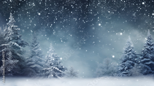 Background with Christmas snowy fir tree and Christmas toys, snow. Winter banner concept © Alin
