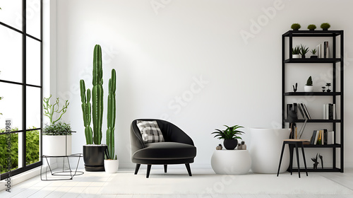 Trendy white living room with modern decoration, simple home decor. Room with black furniture, frame, cactus and some plants photo