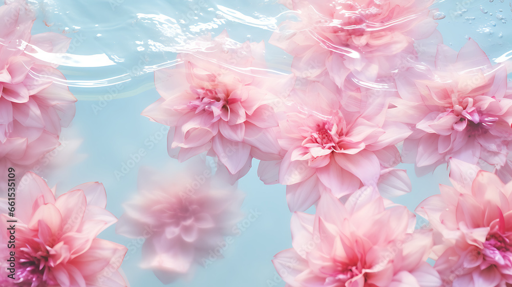 Water background. Pink aqua texture, surface of ripples, transparent, flower, shadows and sunlight. Spa and cosmetic concept background. Flat lay, top view, copy space, banner 