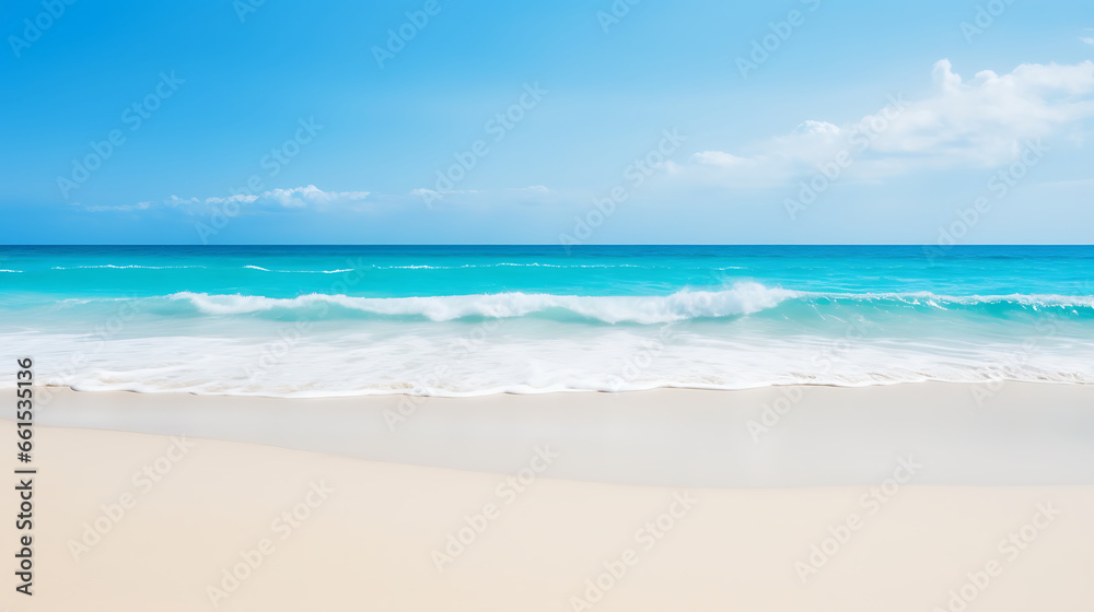 Tropical beach background with sea waves, white sand - summer holiday background. Travel and beach vacation.