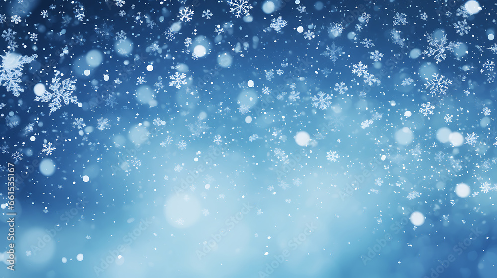 Background with Christmas snowy fir tree and Christmas toys, snow. Winter banner concept