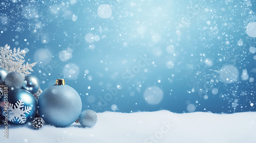 Background with Christmas snowy fir tree and Christmas toys, snow. Winter banner concept