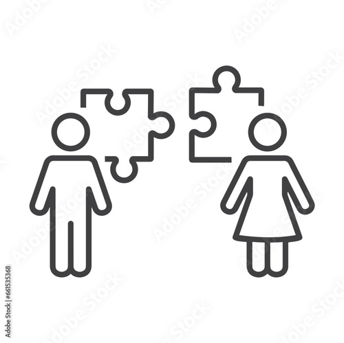 Man and woman with two pieces of a puzzle.