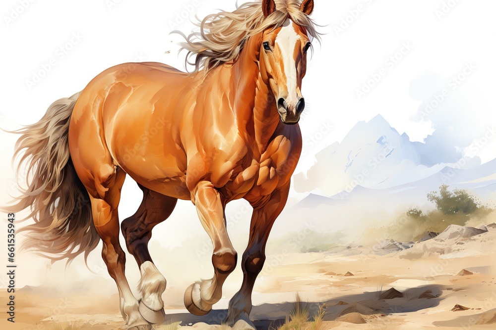 Fototapeta premium A brown mare and her white foal graze in a lush green pasture under a clear blue sky
