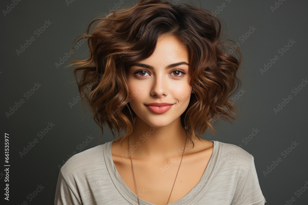 Beautiful young dark-haired brunette woman in white t-shirt isolated on white background Beautiful young dark-haired brunette woman in white t-shirt isolated on white background