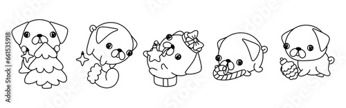 Set of Kawaii Christmas Pug Dog Coloring Page. Collection of Cute Vector Christmas Puppy Outline