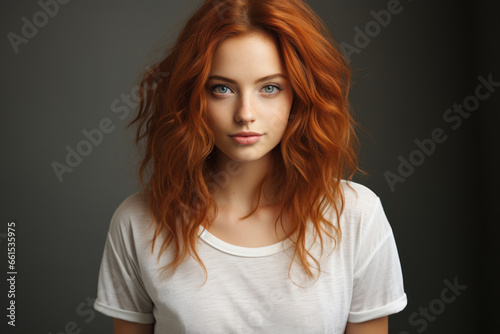 Beautiful young red-haired woman in white t-shirt isolated on gray background