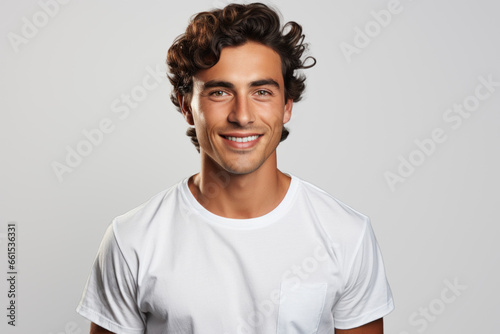 Portrait of a young Caucasian brunette man on a white background