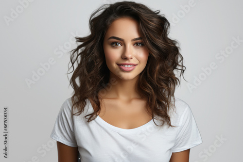 Beautiful dark-haired brunette woman in t-shirt isolated on white background