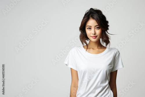 Beautiful dark-haired asian woman in t-shirt isolated on white background photo