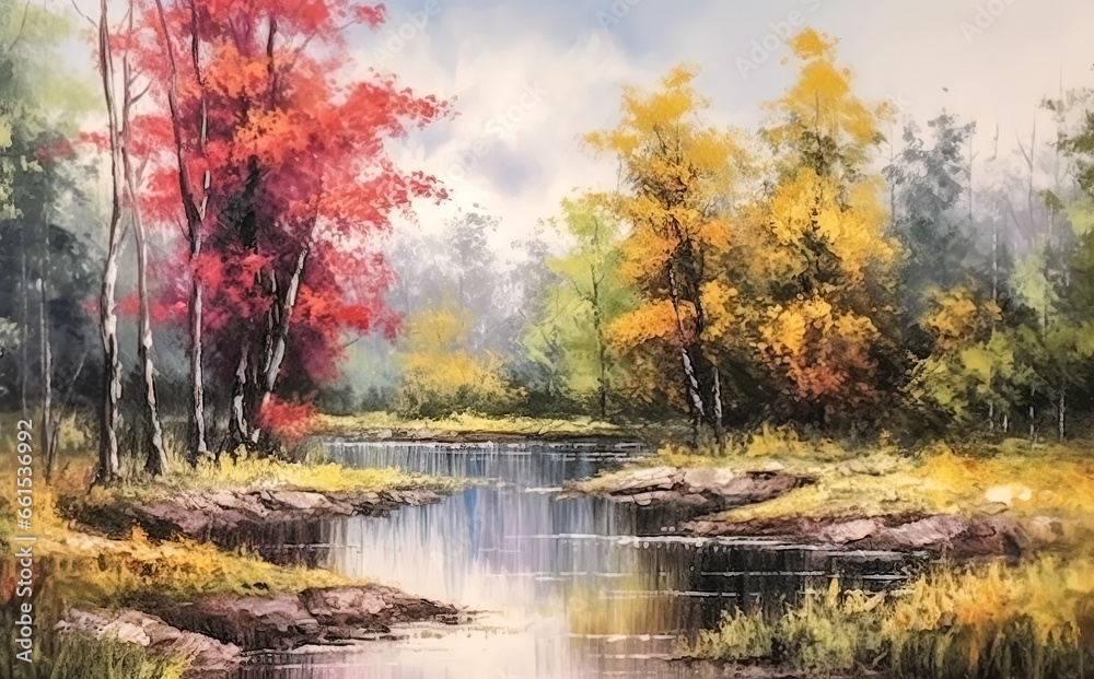 Watercolor landscape - - a small river on the edge of an autumn forest. Watercolor landscape - - a small river on the edge of an autumn forest.