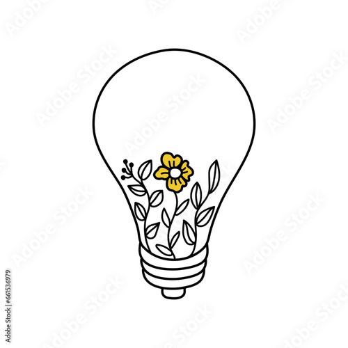 Doodle outline vector illustration Of a lamp with flowers. Cute flower doodle. Black and white line art