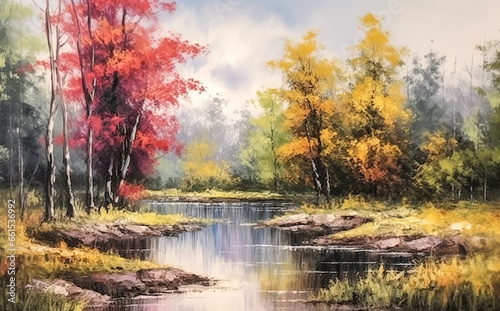 Watercolor landscape - - a small river on the edge of an autumn forest.