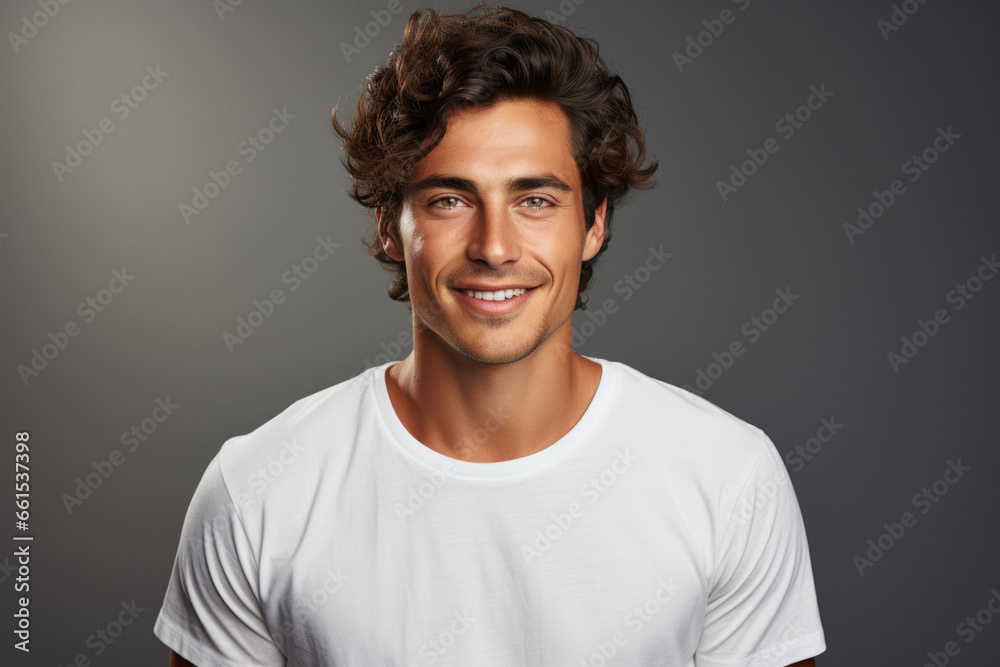 Portrait of a young Caucasian brunette man on a gray background Portrait of a young Caucasian brunette man on a gray background